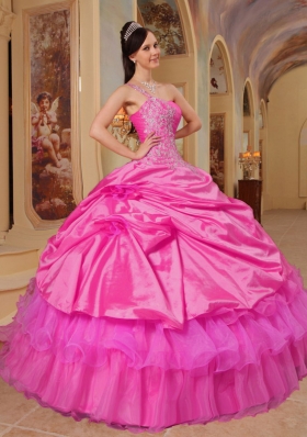 Hot Pink Ball Gown One Shoulder Quinceanera Dress with Taffeta