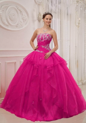 Hot Pink Ball Gown Strapless Quinceanera Dress with Taffeta Organza Appliques