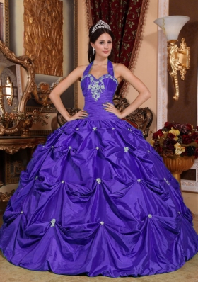Purple Ball Gown Halter Top Appliques and Pick-ups Quinceanera Dress