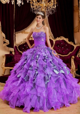 Purple Sweetheart Beading Leopard Organza Quinceanera Gown Dresses with Ruffles