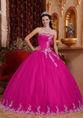 2014 Coral Red Ball Gown Strapless Quinceanera Dress with Tulle Lace Appliques