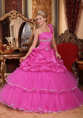 Hot Pink Ball Gown One Shoulder Quinceanera Dress with Organza Beading Pick-ups