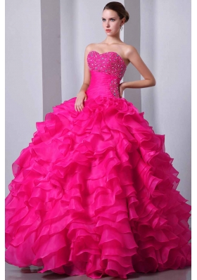 Coral Red Princess Sweetheart Quinceanea Dress with Organza Beading and Ruffles