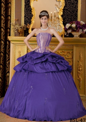 Purple Ball Gown Strapless Appliques Quinceanera Dresses with Pick-ups