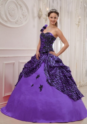 Purple One Shoulder Zebra Appliques and Pick-ups Sweet 16 Dresses
