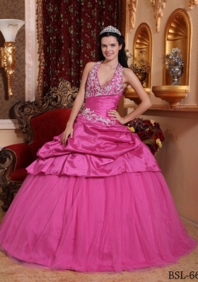 Rose Pink Ball Gown Halter Quinceanera Dress with Taffeta Appliques