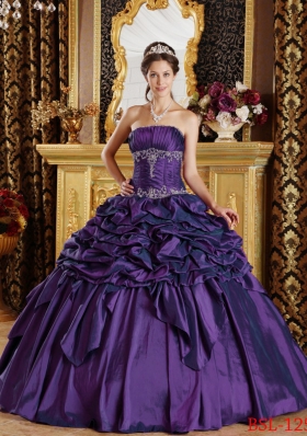 Strapless Pick-ups Taffeta Eggplant Purple Dresses For a Quinceanera