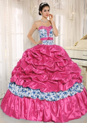 2014 Beaded and Pick-ups Sweetheart Printing Quinceanera Dresses