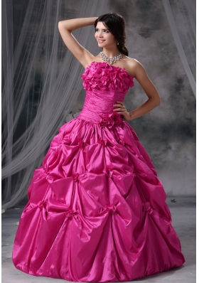 2014 Hot Pink Strapless Quinceanera Dress with Hand Made Flowers Pick-ups Ruching