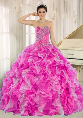 2014 Hot Pink Sweetheart Beaded and Ruffles New Style Quinceanera Gowns