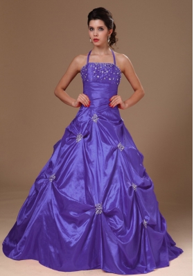 A-line Purple Halter Top Quinceanera Dress with Pick-ups and Beading