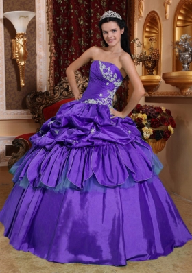 Affordable Purple Strapless Appliques Quinceanera Dress with Pick-ups