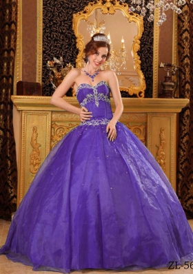 Ball Gown Sweetheart  Organza Purple Quinceaneras Dress with Appliques