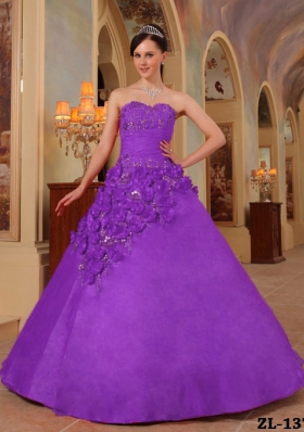 Purple Ball Gown Sweetheart Hand Made Flowers Dresses For Quinceaneras
