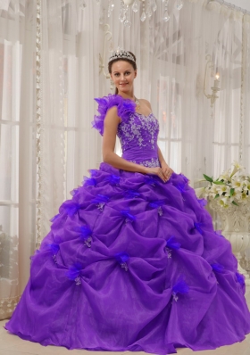 Purple One-shoulder Appliques Quinceanera Dress with Pick-ups