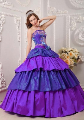 Strapless Taffeta Appliques for Purple Quinceneara Dresses with Layers