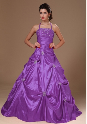 Pick-ups Halter Princess Taffeta Purple Sweet 16 Dresses For Custom Made