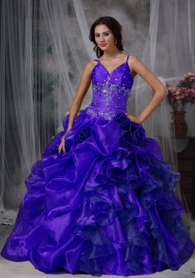 Purple Ball Gown Straps Beading Dress For Quinceanera with Ruffles and Hand Made Flowers
