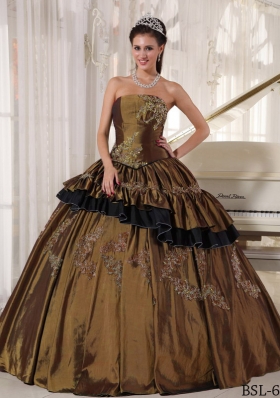 Brown Strapless Taffeta Beading Sweet 16 Dresses with Appliques