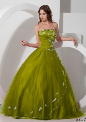 Olive Green Strapless Sweet Sixteen Dresses with Appliques and Beading