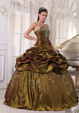 Olive Green Strapless Sweet Sixteen Dresses with Embroidery and Beading