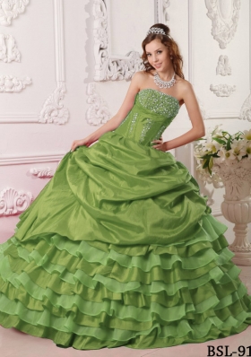 Olive Green Strapless Taffeta Sweet 15 Dresses with Beading and Layers