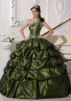 Olive Green Ball Gown One Shoulder Sweet 15 Dresses with Appliques and Pick-ups