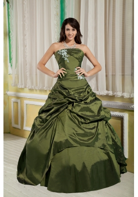 Olive Green Princess Strapless Taffeta Appliques Sweet 16 Dresses with Pick-ups