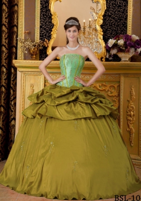 Olive Green Strapless Appliques Sweet 16 Dresses with Appliques and Pick-ups