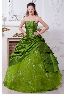 Olive Green Strapless Organza Sweet 16 Dresses with Embroidery and Pick-ups