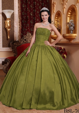 Puffy Strapless Taffeta Beading Olive Green Dresses For a Quince