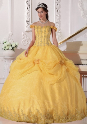 2014 Golden Off The Shoulder Appliques Quinceanera Dress with Hand Made Flowers