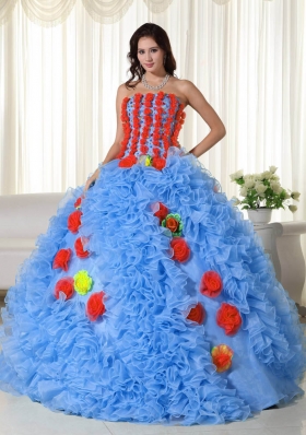 2014 Aqua Puffy Strapless Long Quinceanera Dresses with Beading