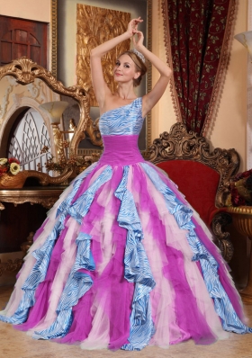 Multi-color Puffy One Shoulder 2014 Ruffles Quinceanera Dress for Custom Made