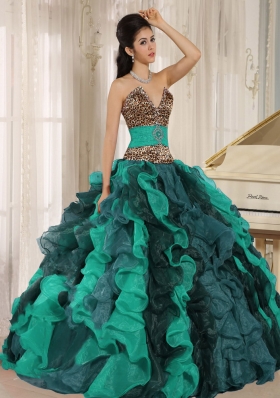Wholesale Multi-color V-neck Ruffles Leopard and Beading Quinceanera Dresses