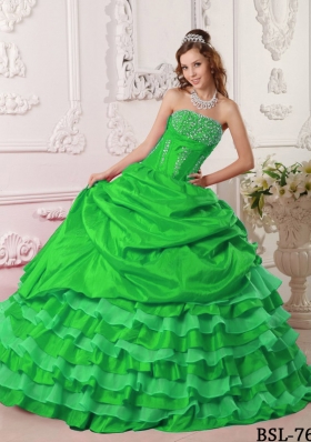 2014 Green Puffy Strapless with Pick-ups and Beading Quinceanera Dress