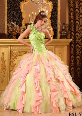 2014 Multi-Color Puffy One Shoulder Beading and Ruffles Quinceanera Dresses