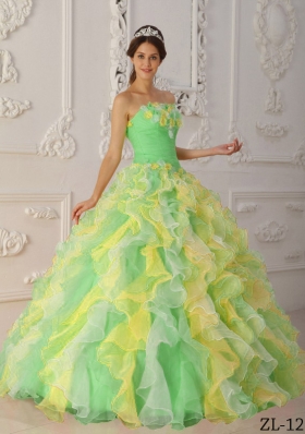 2014 Multi-Color Puffy Strapless Hand Made Flowers and Ruffles Quinceanera Dresses