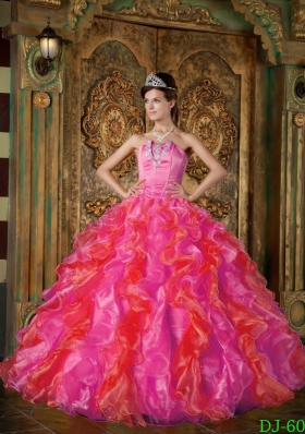 2014 Spring Hot Pink Puffy Strapless Quinceanera Dresses Ruffles