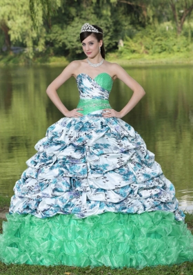 Colorful Printing and Organza Beading and Ruffles 2014 Quinceanera Dress