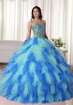 Exclusive Multi-color Puffy Strapless Appliques Quinceanera Dress for 2014