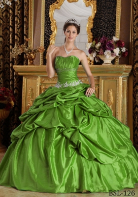 Green Puffy Strapless with Pick-ups and Beading Decorate for 2014 Quinceanera Dress