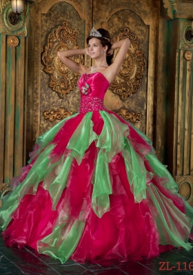 Hot Pink Puffy Strapless 2014 Beading and Ruffles Quinceanera Dresses