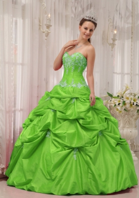 2014 Spring Green Puffy Sweetheart Appliques Quinceanera Dress with Pick-ups