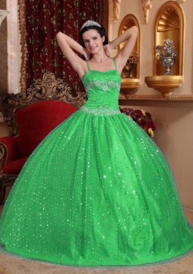 Classical Green Puffy Spaghetti Straps with Sequined Beading Quinceanera Dress for 2014