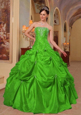 Classical Puffy Strapless with Pick-ups and Beading for 2014 Green Quinceanera Dress