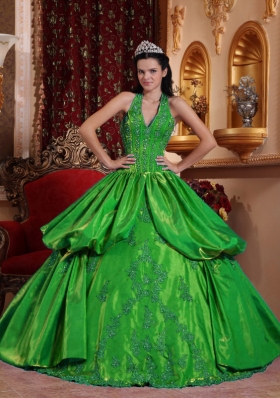 Exquisite Green Puffy Halter Appliques for 2014 Quinceanera Dress with Pick-ups