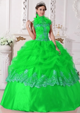 Luxurious Puffy Halter for 2014 Beading and Appliques for Spring Green Quinceanera Dress