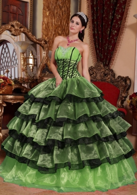 Puffy Sweetheart Decorate for 2014 Green and Black Quinceanera Dress with Layers