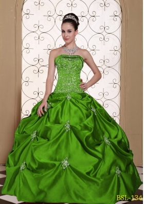 2014 Embroidery Taffeta Strapless Modest Quinceanera Dress with Pick-ups